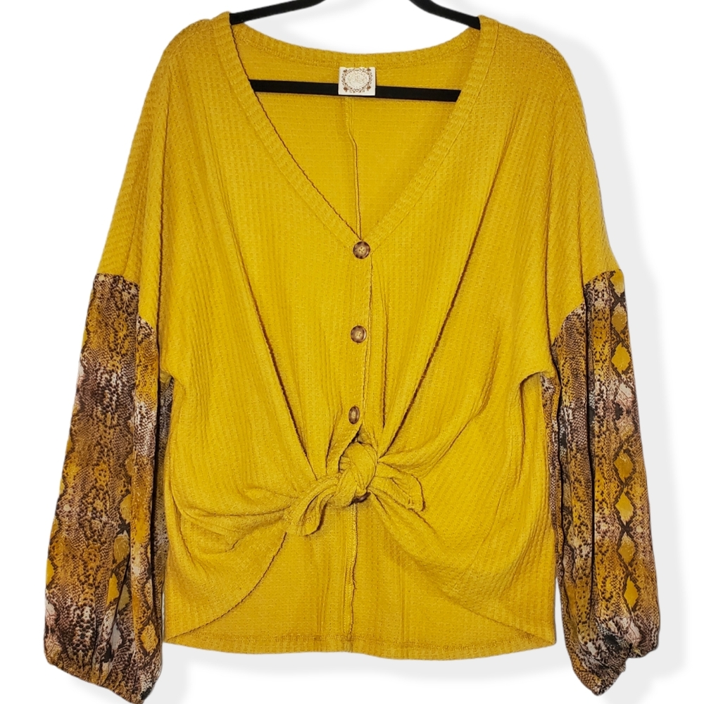 Truself Yellow Waffle Knit Top w/ Snake Sleeves